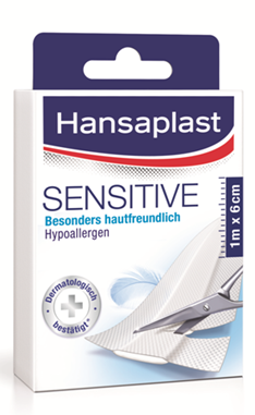 Sie sehen eine Packung Hansaplast Sensitive 1m x 6cm, 1 Stück, Produktbild: 01 Hansaplast Sensitive 1m x 6cm, 1 Stück, A-Nr.: 1632133 - 01