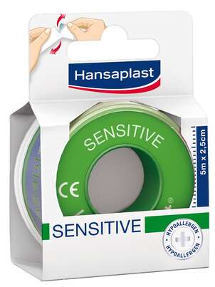 Sie sehen eine Packung Hansaplast Sensitive Rollenpflaster 1,25cm x 5m, 1 Stück, Produktbild: 01 Hansaplast Sensitive Rollenpflaster 1,25cm x 5m, 1 Stück, A-Nr.: 2843197 - 01