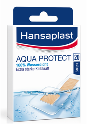 Sie sehen eine Packung Hansaplast Aqua Protect Strips, 20 Stück, Produktbild: 01 Hansaplast Aqua Protect Strips, 20 Stück, A-Nr.: 1752564 - 01