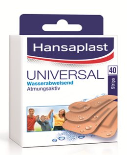 Sie sehen eine Packung Hansaplast Universal wasserabweisend Strips, 40 Stück, Produktbild: 01 Hansaplast Universal wasserabweisend Strips, 40 Stück, A-Nr.: 2404836 - 01