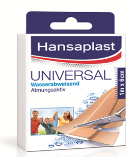 Sie sehen eine Packung Hansaplast Universal wasserabweisend 1m x 6cm, 1 Stück, Produktbild: 01 Hansaplast Universal wasserabweisend 1m x 6cm, 1 Stück, A-Nr.: 2404701 - 01