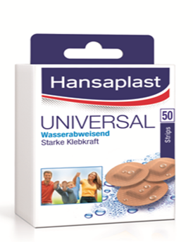 Sie sehen eine Packung Hansaplast Universal Rundpflaster wasserabweisend, 50 Stück, Produktbild: 01 Hansaplast Universal Rundpflaster wasserabweisend, 50 Stück, A-Nr.: 4174168 - 01