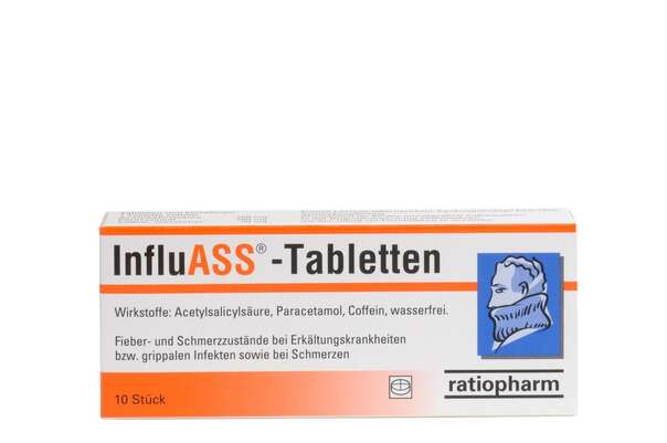 Sie sehen eine Packung InfluASS Tabletten, 10 Stück, Produktbild: 02 InfluASS Tabletten, 10 Stück, A-Nr.: 3512806 - 02