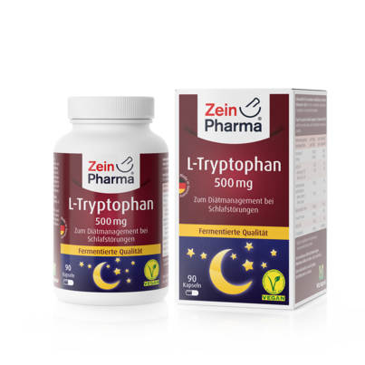 Sie sehen eine Packung Zeinpharma L-Tryptophan 500 mg Kapseln, 90 Stück, Produktbild: 01 Zeinpharma L-Tryptophan 500 mg Kapseln, 90 Stück, A-Nr.: 4159996 - 01