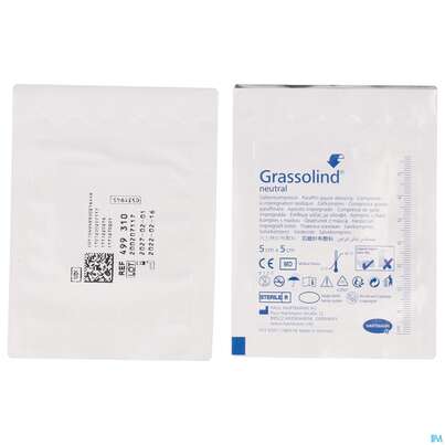 Sie sehen eine Packung Kompressen Grassolind Neutral Salbenkompresse Steril 5x 5cm 10st, Produktbild: 05 Kompressen Grassolind Neutral Salbenkompresse Steril 5x 5cm 10st, A-Nr.: 2368193 - 05