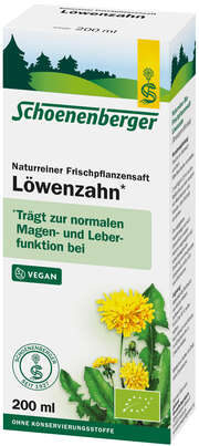 Sie sehen eine Packung Schoenenberger Bio-Frischpflanzensaft Löwenzahn, 200 Milliliter, Produktbild: 01 Schoenenberger Bio-Frischpflanzensaft Löwenzahn, 200 Milliliter, A-Nr.: 2579234 - 01