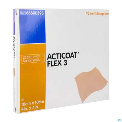 Sie sehen eine Packung Wundverband Acticoat/flexibel Flex 3 Silberverband Dehnbar 10x 10cm 5st, Produktbild: 02 Wundverband Acticoat/flexibel Flex 3 Silberverband Dehnbar 10x 10cm 5st, A-Nr.: 3385710 - 02