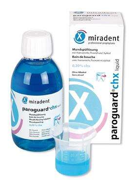 Sie sehen eine Packung Miradent Paroguard CHX Mundspüllösung 200ml, 200 Milliliter, Produktbild: 01 Miradent Paroguard CHX Mundspüllösung 200ml, 200 Milliliter, A-Nr.: 3139052 - 01