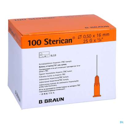 Sie sehen eine Packung Injektionsspritzen U.zubeh. Einmalkanuelen Braun/sterican/heparin G25x5/8 0,50x16mm 46578 100st, Produktbild: 03 Injektionsspritzen U.zubeh. Einmalkanuelen Braun/sterican/heparin G25x5/8 0,50x16mm 46578 100st, A-Nr.: 3048562 - 03