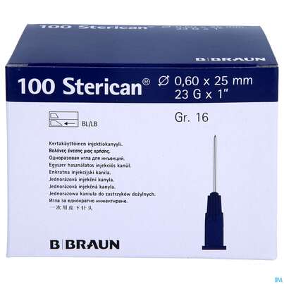 Sie sehen eine Packung Injektionsspritzen U.zubeh. Einmalkanuelen Sterican Standard Gr16 G23x1 0,6x 25mm 46576 100st, Produktbild: 01 Injektionsspritzen U.zubeh. Einmalkanuelen Sterican Standard Gr16 G23x1 0,6x 25mm 46576 100st, A-Nr.: 2692516 - 01