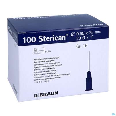 Sie sehen eine Packung Injektionsspritzen U.zubeh. Einmalkanuelen Sterican Standard Gr16 G23x1 0,6x 25mm 46576 100st, Produktbild: 02 Injektionsspritzen U.zubeh. Einmalkanuelen Sterican Standard Gr16 G23x1 0,6x 25mm 46576 100st, A-Nr.: 2692516 - 02