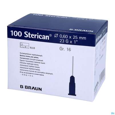 Sie sehen eine Packung Injektionsspritzen U.zubeh. Einmalkanuelen Sterican Standard Gr16 G23x1 0,6x 25mm 46576 100st, Produktbild: 03 Injektionsspritzen U.zubeh. Einmalkanuelen Sterican Standard Gr16 G23x1 0,6x 25mm 46576 100st, A-Nr.: 2692516 - 03