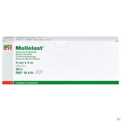Sie sehen eine Packung Mullbinden Mollelast Lose 4mx 4cm 20st, Produktbild: 01 Mullbinden Mollelast Lose 4mx 4cm 20st, A-Nr.: 3127327 - 01