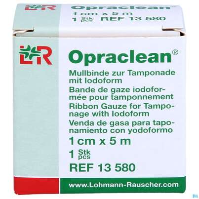 Sie sehen eine Packung Mullbinden Opraclean +jodoform 5mx 1cm 1st, Produktbild: 01 Mullbinden Opraclean +jodoform 5mx 1cm 1st, A-Nr.: 3610064 - 01