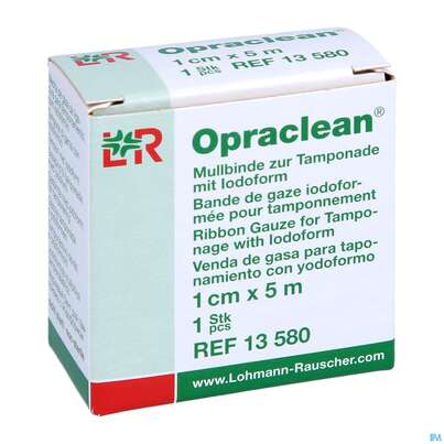 Sie sehen eine Packung Mullbinden Opraclean +jodoform 5mx 1cm 1st, Produktbild: 03 Mullbinden Opraclean +jodoform 5mx 1cm 1st, A-Nr.: 3610064 - 03