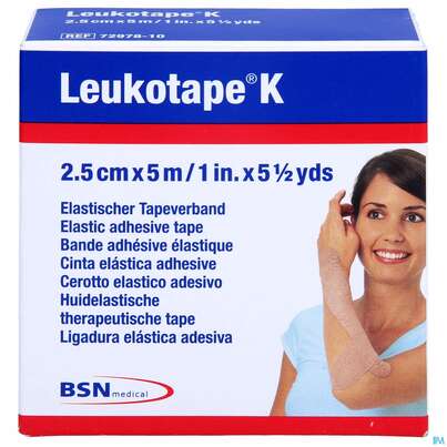Sie sehen eine Packung Tape Kinesiologisch Leukotape K 5mx 2,5cm Hautfarben 1st, Produktbild: 01 Tape Kinesiologisch Leukotape K 5mx 2,5cm Hautfarben 1st, A-Nr.: 3151828 - 01