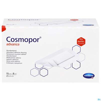 Sie sehen eine Packung Wundverband Cosmopor/advance 15x 8cm 25st, Produktbild: 01 Wundverband Cosmopor/advance 15x 8cm 25st, A-Nr.: 3796790 - 01