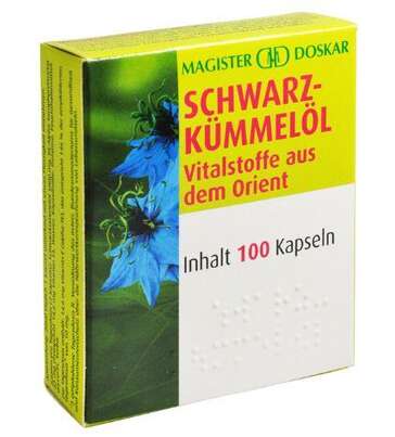 Sie sehen eine Packung Doskar Schwarzkümmelöl 100 Kapseln, 100 Stück, Produktbild: 01 Doskar Schwarzkümmelöl 100 Kapseln, 100 Stück, A-Nr.: 2029545 - 01