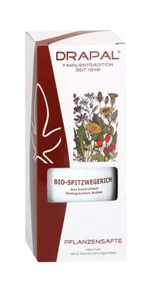 Sie sehen eine Packung DRAPAL® Spitzwegerich bio Pflanzensaft, 200 Milliliter, Produktbild: 01 DRAPAL® Spitzwegerich bio Pflanzensaft, 200 Milliliter, A-Nr.: 5008532 - 01