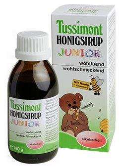Sie sehen eine Packung Tussimont Honigsirup junior, 180 Gramm, Produktbild: 01 Tussimont Honigsirup junior, 180 Gramm, A-Nr.: 3433314 - 01