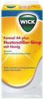 Sie sehen eine Packung WICK Formel 44 Hustenstiller-Sirup mit Honig, 180 Milliliter, Produktbild: 01 WICK Formel 44 Hustenstiller-Sirup mit Honig, 180 Milliliter, A-Nr.: 3514952 - 01