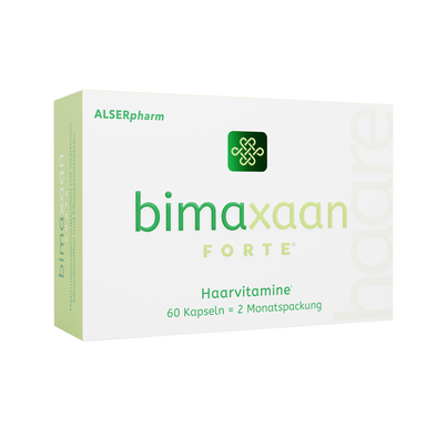 Sie sehen eine Packung Bimaxaan forte® – Natürliche Unterstützung für den Haarwuchs, Produktbild: 01 Bimaxaan forte® – Natürliche Unterstützung für den Haarwuchs, A-Nr.: 4034711 - 01