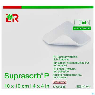 Sie sehen eine Packung Schaumverband Pu-suprasorb Steril P Nichtklebend 10x 10cm 10st, Produktbild: 01 Schaumverband Pu-suprasorb Steril P Nichtklebend 10x 10cm 10st, A-Nr.: 2575578 - 01