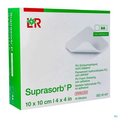 Sie sehen eine Packung Schaumverband Pu-suprasorb Steril P Nichtklebend 10x 10cm 10st, Produktbild: 02 Schaumverband Pu-suprasorb Steril P Nichtklebend 10x 10cm 10st, A-Nr.: 2575578 - 02