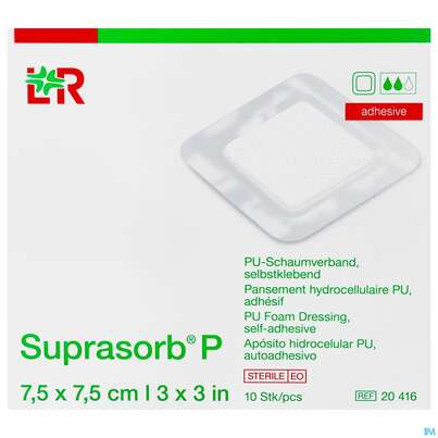 Sie sehen eine Packung Schaumverband Pu-suprasorb Steril P Selbstklebend 7,5x 7,5cm 10st, Produktbild: 01 Schaumverband Pu-suprasorb Steril P Selbstklebend 7,5x 7,5cm 10st, A-Nr.: 2575503 - 01