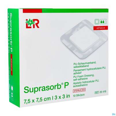 Sie sehen eine Packung Schaumverband Pu-suprasorb Steril P Selbstklebend 7,5x 7,5cm 10st, Produktbild: 02 Schaumverband Pu-suprasorb Steril P Selbstklebend 7,5x 7,5cm 10st, A-Nr.: 2575503 - 02
