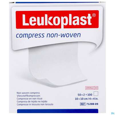Sie sehen eine Packung Vlieskompressen Leukopl Compress Steril 10x10cm 50x2 100st, Produktbild: 01 Vlieskompressen Leukopl Compress Steril 10x10cm 50x2 100st, A-Nr.: 2996280 - 01