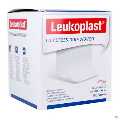 Sie sehen eine Packung Vlieskompressen Leukopl Compress Steril 10x10cm 50x2 100st, Produktbild: 02 Vlieskompressen Leukopl Compress Steril 10x10cm 50x2 100st, A-Nr.: 2996280 - 02