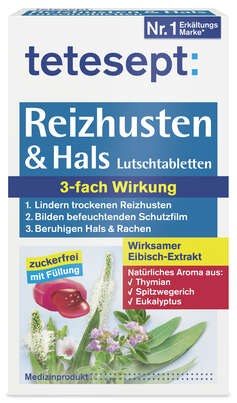 Sie sehen eine Packung tetesept Husten & Hals 3 Phasen Lutschtabletten, 20 Stück, Produktbild: 01 tetesept Husten & Hals 3 Phasen Lutschtabletten, 20 Stück, A-Nr.: 4137799 - 01