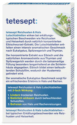 Sie sehen eine Packung tetesept Husten & Hals 3 Phasen Lutschtabletten, 20 Stück, Produktbild: 03 tetesept Husten & Hals 3 Phasen Lutschtabletten, 20 Stück, A-Nr.: 4137799 - 03