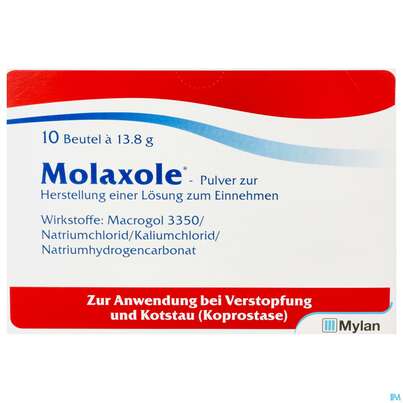 Sie sehen eine Packung MOLAXOLE PLV BTL, 10 Stück, Produktbild: 01 MOLAXOLE PLV BTL, 10 Stück, A-Nr.: 3761107 - 01