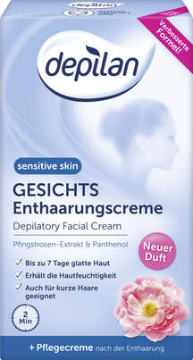 Sie sehen eine Packung Depilan Gesichts Enthaarungscreme sensitiv, Produktbild: 01 Depilan Gesichts Enthaarungscreme sensitiv, A-Nr.: 3577763 - 01