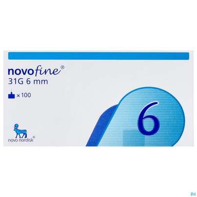 Sie sehen eine Packung Injektionsspritzen U.zubeh. Insulin Novofine Pen-nadeln 31g 0,25x 6mm 100st, Produktbild: 01 Injektionsspritzen U.zubeh. Insulin Novofine Pen-nadeln 31g 0,25x 6mm 100st, A-Nr.: 2699576 - 01