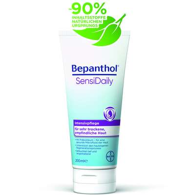 Sie sehen eine Packung Bepanthol® SensiDaily Intensivpflege 200ml, 200 Milliliter, Produktbild: 01 Bepanthol® SensiDaily Intensivpflege 200ml, 200 Milliliter, A-Nr.: 5635909 - 01