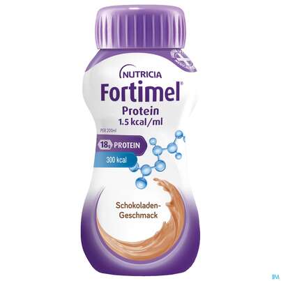 Sie sehen eine Packung Fortimel/protein 200ml 1,5kcal Schokolade 24st, Produktbild: 02 Fortimel/protein 200ml 1,5kcal Schokolade 24st, A-Nr.: 4303364 - 02