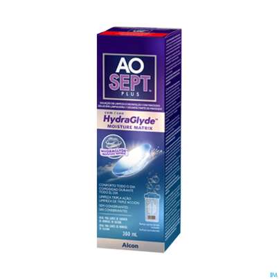 Sie sehen eine Packung Kontaktlinsen-pflegemittel Aosept Plus +hydraglyde 360ml 1fl, Produktbild: 01 Kontaktlinsen-pflegemittel Aosept Plus +hydraglyde 360ml 1fl, A-Nr.: 4517639 - 01