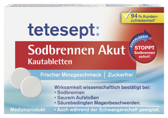 Sie sehen eine Packung tetesept Sodbrennen Akut Kautabletten 20 St, Produktbild: 01 tetesept Sodbrennen Akut Kautabletten 20 St, A-Nr.: 4358129 - 01