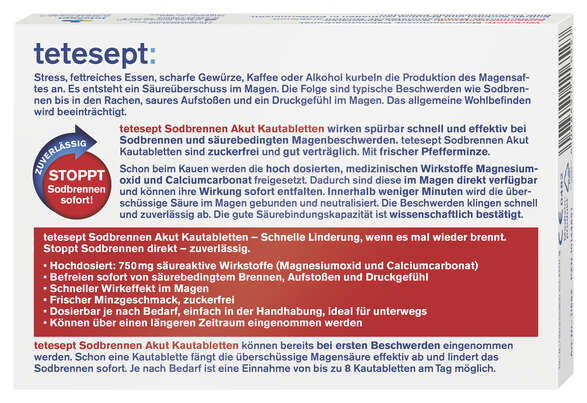 Sie sehen eine Packung tetesept Sodbrennen Akut Kautabletten 20 St, Produktbild: 02 tetesept Sodbrennen Akut Kautabletten 20 St, A-Nr.: 4358129 - 02