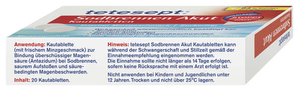 Sie sehen eine Packung tetesept Sodbrennen Akut Kautabletten 20 St, Produktbild: 03 tetesept Sodbrennen Akut Kautabletten 20 St, A-Nr.: 4358129 - 03