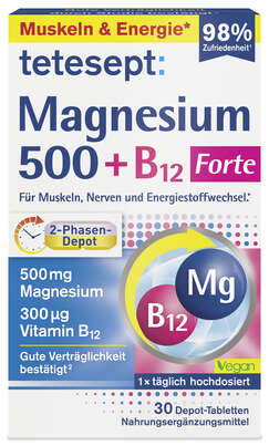 Sie sehen eine Packung tetesept Magnesium 500 + B12 300µg 30St., Produktbild: 01 tetesept Magnesium 500 + B12 300µg 30St., A-Nr.: 5709358 - 01