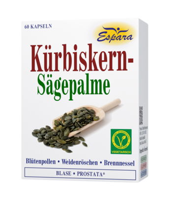 Sie sehen eine Packung Espara Kürbiskern-Sägepalme Kapseln, 60 Stück, Produktbild: 01 Espara Kürbiskern-Sägepalme Kapseln, 60 Stück, A-Nr.: 2687900 - 01