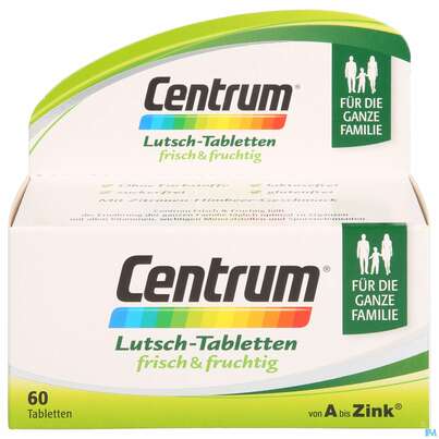 Sie sehen eine Packung Centrum Lutschtabletten frisch & fruchtig von A bis Zink, 60 Stück, Produktbild: 01 Centrum Lutschtabletten frisch & fruchtig von A bis Zink, 60 Stück, A-Nr.: 4084198 - 01