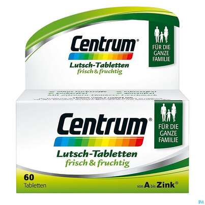 Sie sehen eine Packung Centrum Lutschtabletten frisch & fruchtig von A bis Zink, 60 Stück, Produktbild: 02 Centrum Lutschtabletten frisch & fruchtig von A bis Zink, 60 Stück, A-Nr.: 4084198 - 02