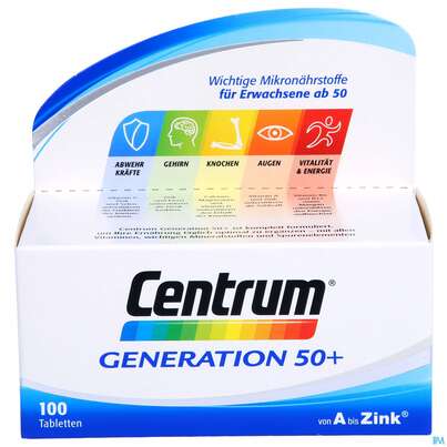 Sie sehen eine Packung Centrum Generation 50+ von A bis Zink 100 Stk., 100 Stück, Produktbild: 01 Centrum Generation 50+ von A bis Zink 100 Stk., 100 Stück, A-Nr.: 4555479 - 01