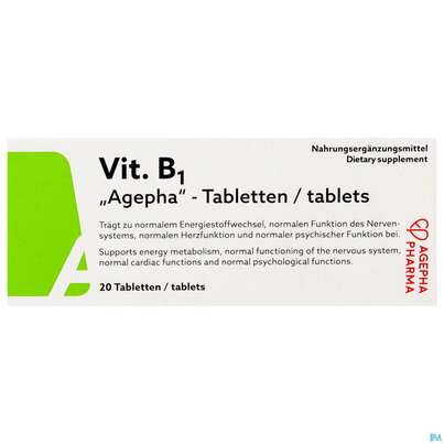 Sie sehen eine Packung Vitamin B1 Tabl Dl 200mg Agepha 20st, Produktbild: 01 Vitamin B1 Tabl Dl 200mg Agepha 20st, A-Nr.: 4338150 - 01