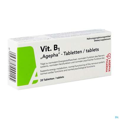 Sie sehen eine Packung Vitamin B1 Tabl Dl 200mg Agepha 20st, Produktbild: 02 Vitamin B1 Tabl Dl 200mg Agepha 20st, A-Nr.: 4338150 - 02